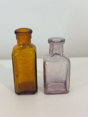 Antique glass apothecary bottles SET OF TWO mini brown glass & amethyst glass